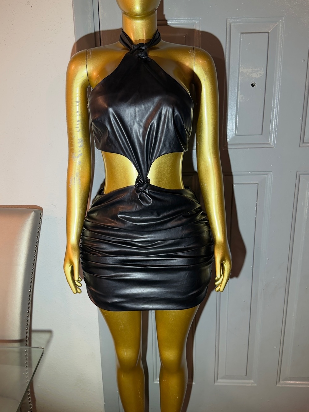 Hello Molly Black Faux Leather Cutout Halter Mini Dress